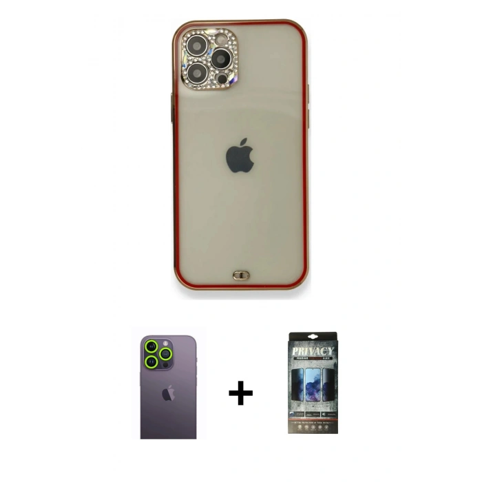 MARSİLYAN™- iPhone 12 Pro Kılıf Eksen Minimal Koleksiyonu - Siyah 34D Hayalet Izgaralı Cam + Yeşil Neon Fosforlu Kamera Lens