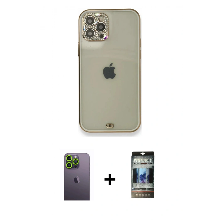 MARSİLYAN™- iPhone 12 Pro Kılıf Eksen Minimal Koleksiyonu - Siyah 34D Hayalet Izgaralı Cam + Yeşil Neon Fosforlu Kamera Lens