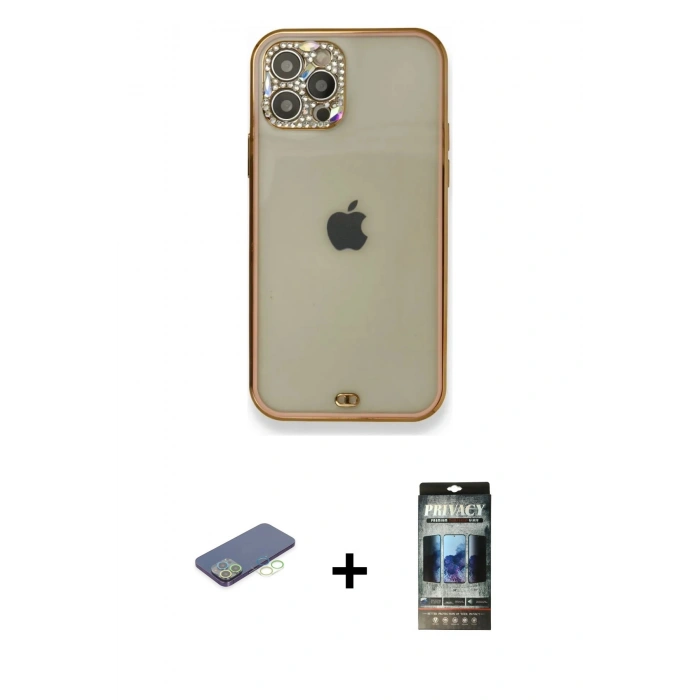 MARSİLYAN™- iPhone 12 Pro Kılıf Eksen Minimal Koleksiyonu - Siyah 34D Hayalet Izgaralı Cam + Renkli Kamera Lens Koruma Cam - YL