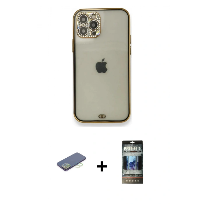MARSİLYAN™- iPhone 12 Pro Kılıf Eksen Minimal Koleksiyonu - Siyah 34D Hayalet Izgaralı Cam + Renkli Kamera Lens Koruma Cam - YL