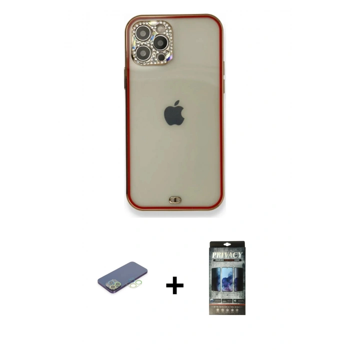 MARSİLYAN™- iPhone 12 Pro Kılıf Eksen Minimal Koleksiyonu - Siyah 34D Hayalet Izgaralı Cam + Renkli Kamera Lens Koruma Cam - YL