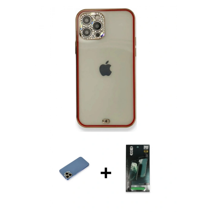 MARSİLYAN™- iPhone 12 Pro Kılıf Eksen Minimal Koleksiyonu - Siyah 360 Mat Full Body Arka Koruyucu + Shine Kamera Lens Koruma Cam - GD