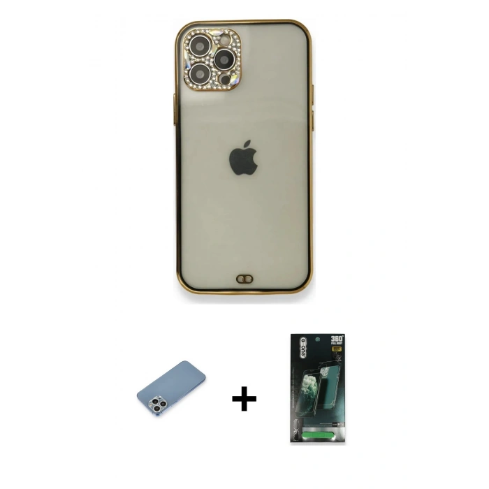 MARSİLYAN™- iPhone 12 Pro Kılıf Eksen Minimal Koleksiyonu - Siyah 360 Mat Full Body Arka Koruyucu + Shine Kamera Lens Koruma Cam - GS