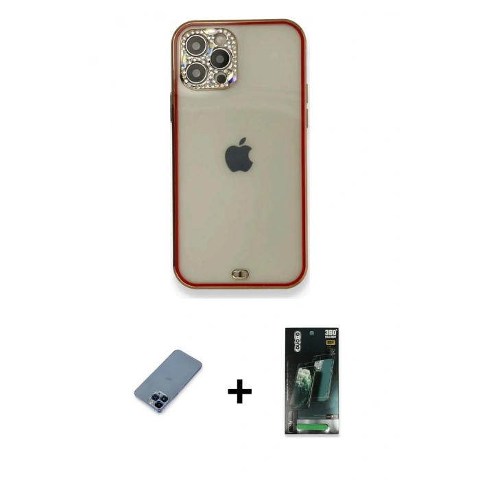 MARSİLYAN™- iPhone 12 Pro Kılıf Eksen Minimal Koleksiyonu - Siyah 360 Mat Full Body Arka Koruyucu + Mavi Metal Kamera Lens Koruma Cam