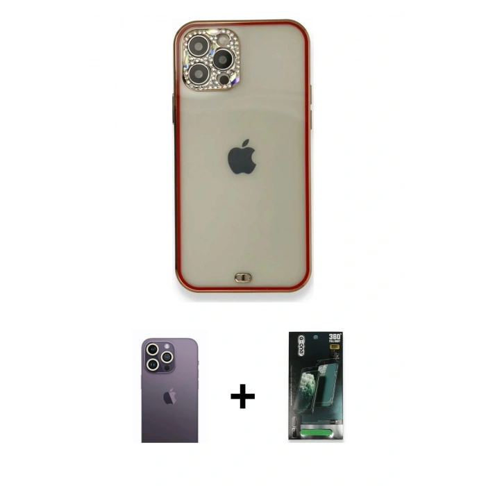 MARSİLYAN™- iPhone 12 Pro Kılıf Eksen Minimal Koleksiyonu - Siyah 360 Mat Full Body Arka Koruyucu + Neon Fosforlu Kamera Lens - BZ