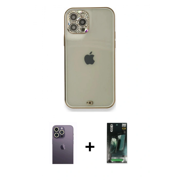 MARSİLYAN™- iPhone 12 Pro Kılıf Eksen Minimal Koleksiyonu - Siyah 360 Mat Full Body Arka Koruyucu + Neon Fosforlu Kamera Lens - BZ