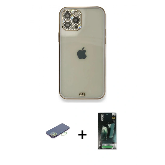 MARSİLYAN™- iPhone 12 Pro Kılıf Eksen Minimal Koleksiyonu - Siyah 360 Mat Full Body Arka Koruyucu + Renkli Kamera Lens Koruma Cam - YL
