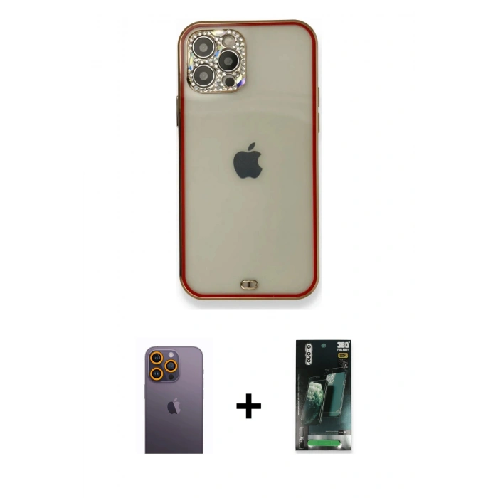 MARSİLYAN™- iPhone 12 Pro Kılıf Eksen Minimal Koleksiyonu - Siyah 360 Mat Full Body Arka Koruyucu + Neon Fosforlu Kamera Lens - SI