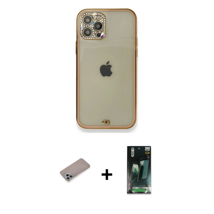 MARSİLYAN™- iPhone 12 Pro Kılıf Eksen Minimal Koleksiyonu - Siyah 360 Mat Full Body Arka Koruyucu + Shine Kamera Lens Koruma Cam - SABE