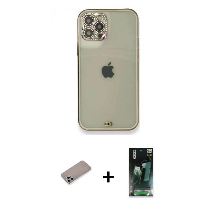 MARSİLYAN™- iPhone 12 Pro Kılıf Eksen Minimal Koleksiyonu - Siyah 360 Mat Full Body Arka Koruyucu + Shine Kamera Lens Koruma Cam - SABE