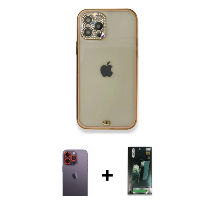 MARSİLYAN™- iPhone 12 Pro Kılıf Eksen Minimal Koleksiyonu - Siyah 360 Mat Full Body Arka Koruyucu + Neon Fosforlu Kamera Lens - TU