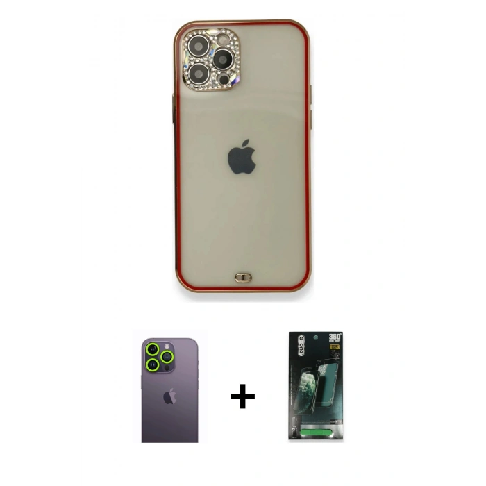 MARSİLYAN™- iPhone 12 Pro Kılıf Eksen Minimal Koleksiyonu - Siyah 360 Mat Full Body Arka Koruyucu + Neon Fosforlu Kamera Lens - YL