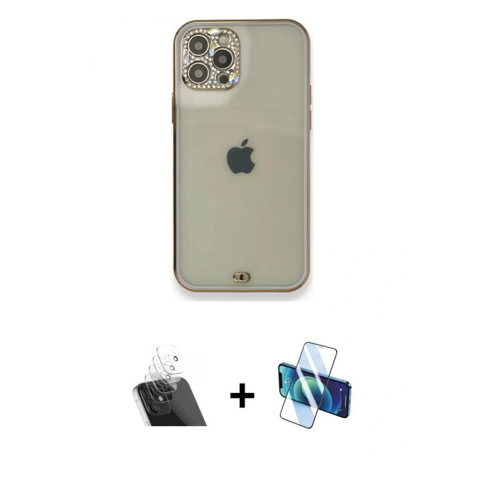 MARSİLYAN™- iPhone 12 Pro Kılıf Eksen Minimal Koleksiyonu - Siyah 3D Antistatik Cam Ekran Koruyucu + Kamera Lens Koruma Cam - SF