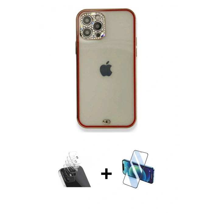MARSİLYAN™- iPhone 12 Pro Kılıf Eksen Minimal Koleksiyonu - Siyah 3D Antistatik Cam Ekran Koruyucu + Kamera Lens Koruma Cam - SF