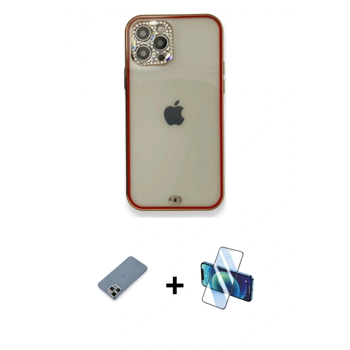 MARSİLYAN™- iPhone 12 Pro Kılıf Eksen Minimal Koleksiyonu - Siyah 3D Antistatik Cam Ekran Koruyucu + Metal Kamera Lens Koruma Cam - GS