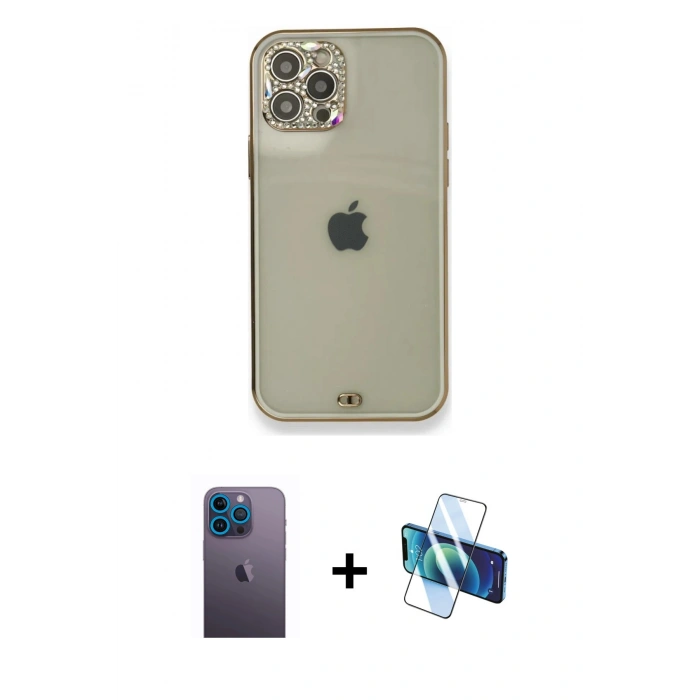MARSİLYAN™- iPhone 12 Pro Kılıf Eksen Minimal Koleksiyonu - Siyah 3D Antistatik Cam Ekran Koruyucu + Neon Fosforlu Kamera Lens - MI