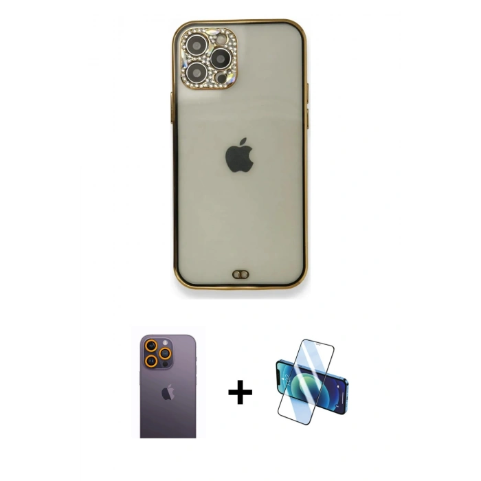 MARSİLYAN™- iPhone 12 Pro Kılıf Eksen Minimal Koleksiyonu - Siyah 3D Antistatik Cam Ekran Koruyucu + Neon Fosforlu Kamera Lens - SI