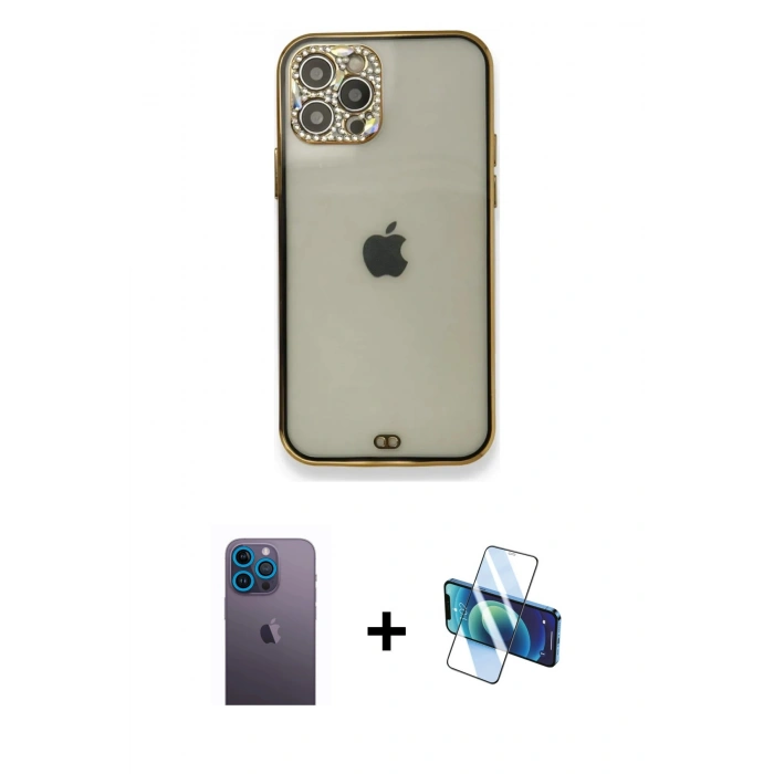 MARSİLYAN™- iPhone 12 Pro Kılıf Eksen Minimal Koleksiyonu - Siyah 3D Antistatik Cam Ekran Koruyucu + Neon Fosforlu Kamera Lens - MI