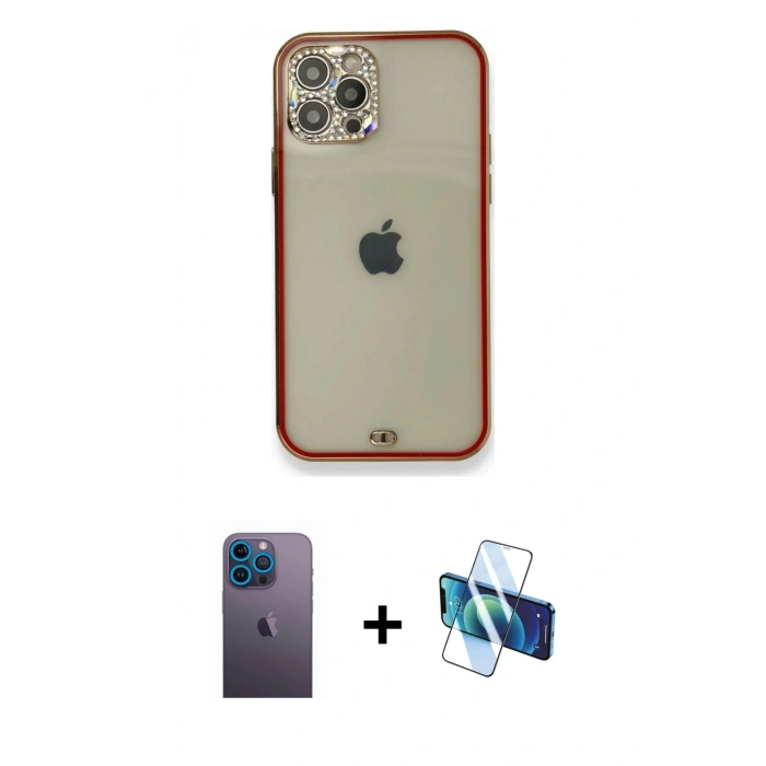 MARSİLYAN™- iPhone 12 Pro Kılıf Eksen Minimal Koleksiyonu - Siyah 3D Antistatik Cam Ekran Koruyucu + Neon Fosforlu Kamera Lens - MI