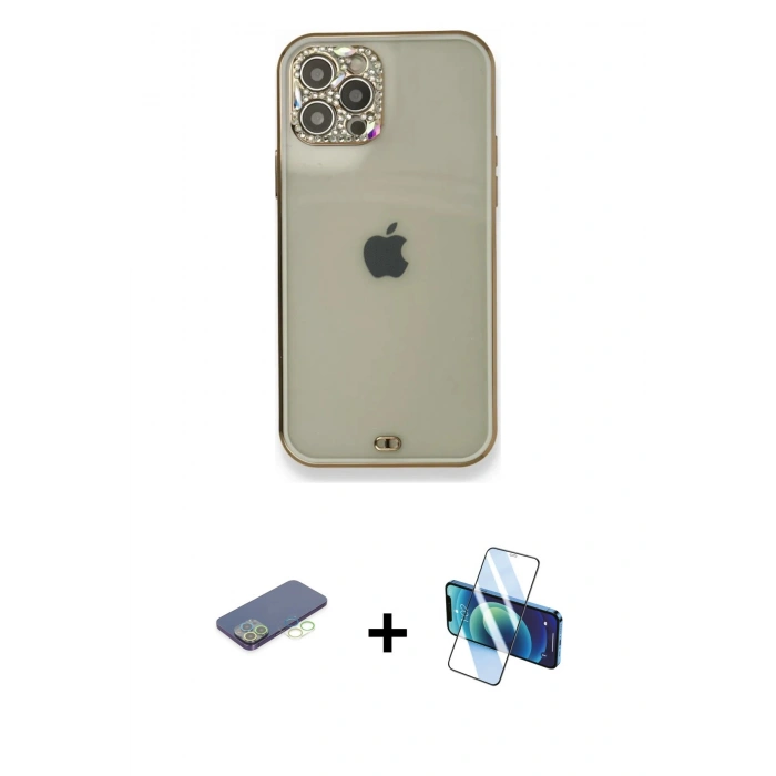 MARSİLYAN™- iPhone 12 Pro Kılıf Eksen Minimal Koleksiyonu - Siyah 3D Antistatik Cam Ekran Koruyucu + Renkli Kamera Lens Koruma Cam - YL