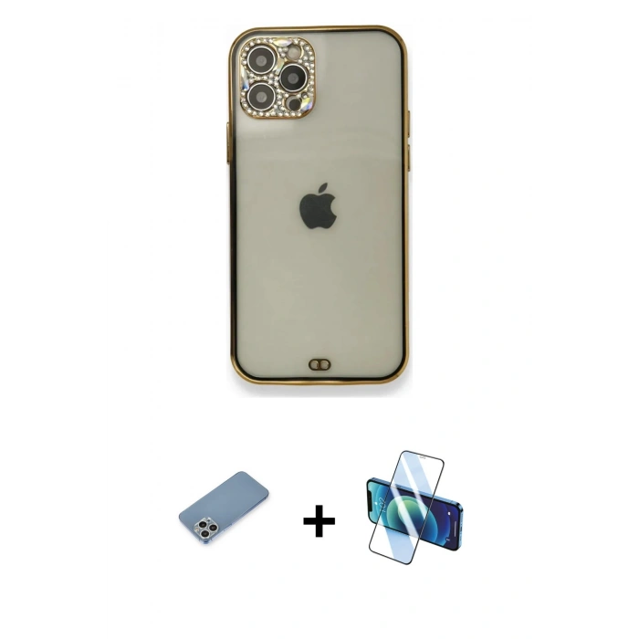 MARSİLYAN™- iPhone 12 Pro Kılıf Eksen Minimal Koleksiyonu - Siyah 3D Antistatik Cam Ekran Koruyucu + Shine Kamera Lens Koruma Cam - GS