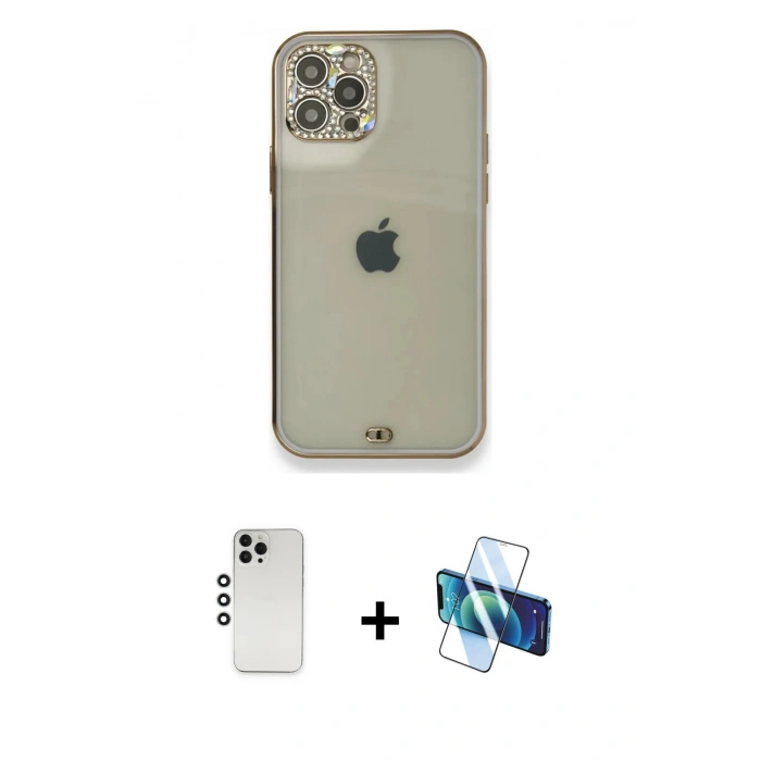 MARSİLYAN™- iPhone 12 Pro Kılıf Eksen Minimal Koleksiyonu - Siyah 3D Antistatik Cam Ekran Koruyucu + Shine Kamera Lens - GS
