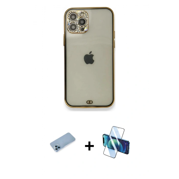 MARSİLYAN™- iPhone 12 Pro Kılıf Eksen Minimal Koleksiyonu - Siyah 3D Antistatik Cam Ekran Koruyucu + Shine Kamera Lens Koruma Cam - MI