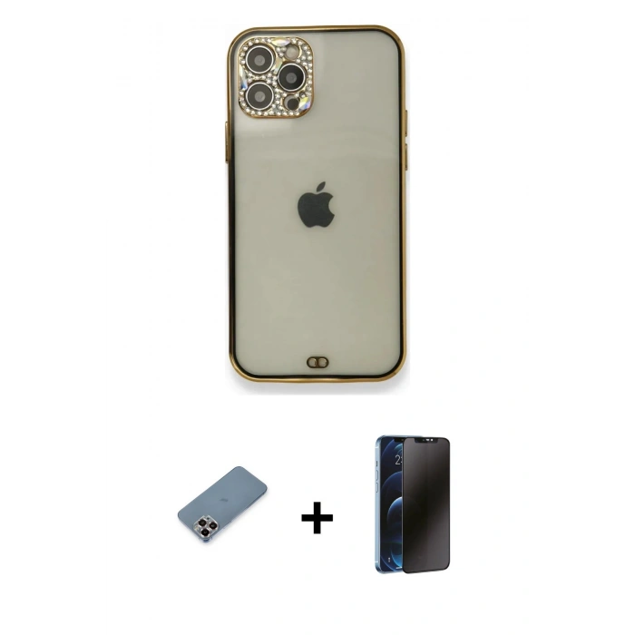 MARSİLYAN™- iPhone 12 Pro Kılıf Eksen Minimal Koleksiyonu - Siyah 3D Antistatik Hayalet Cam Ekran Koruyucu + Metal Kamera Lens Koruma Cam - MR