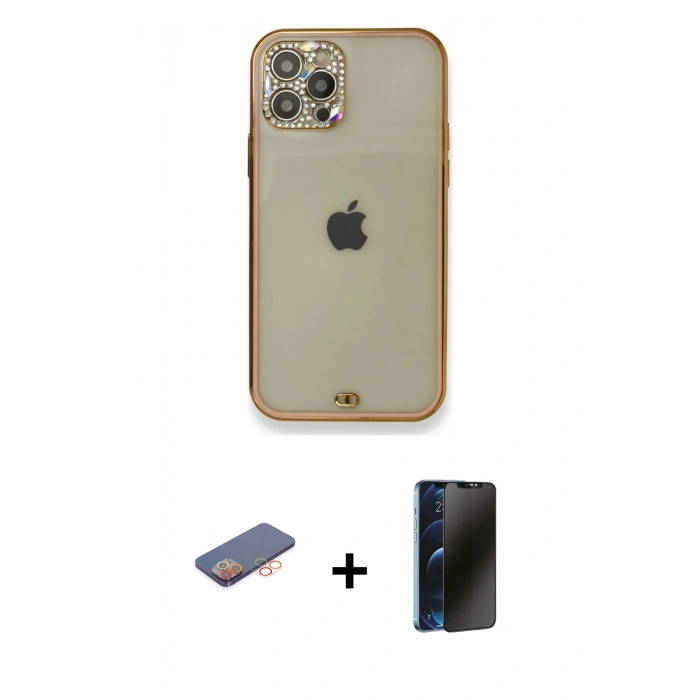 MARSİLYAN™- iPhone 12 Pro Kılıf Eksen Minimal Koleksiyonu - Siyah 3D Antistatik Hayalet Cam Ekran Koruyucu + Renkli Kamera Lens Koruma Cam - TU