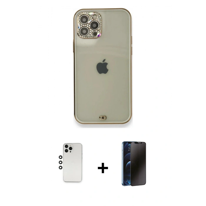 MARSİLYAN™- iPhone 12 Pro Kılıf Eksen Minimal Koleksiyonu - Siyah 3D Antistatik Hayalet Cam Ekran Koruyucu + Shine Kamera Lens - GS