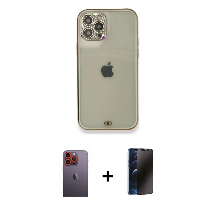 MARSİLYAN™- iPhone 12 Pro Kılıf Eksen Minimal Koleksiyonu - Siyah 3D Antistatik Hayalet Cam Ekran Koruyucu + Neon Fosforlu Kamera Lens - TU