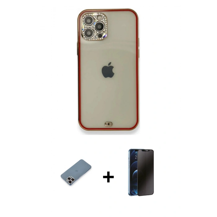 MARSİLYAN™- iPhone 12 Pro Kılıf Eksen Minimal Koleksiyonu - Siyah 3D Antistatik Hayalet Cam Ekran Koruyucu + Metal Kamera Lens Koruma Cam - MR