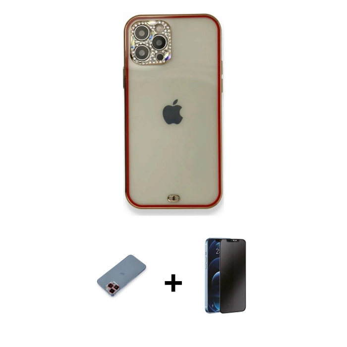 MARSİLYAN™- iPhone 12 Pro Kılıf Eksen Minimal Koleksiyonu - Siyah 3D Antistatik Hayalet Cam Ekran Koruyucu + Metal Kamera Lens Koruma Cam - KI