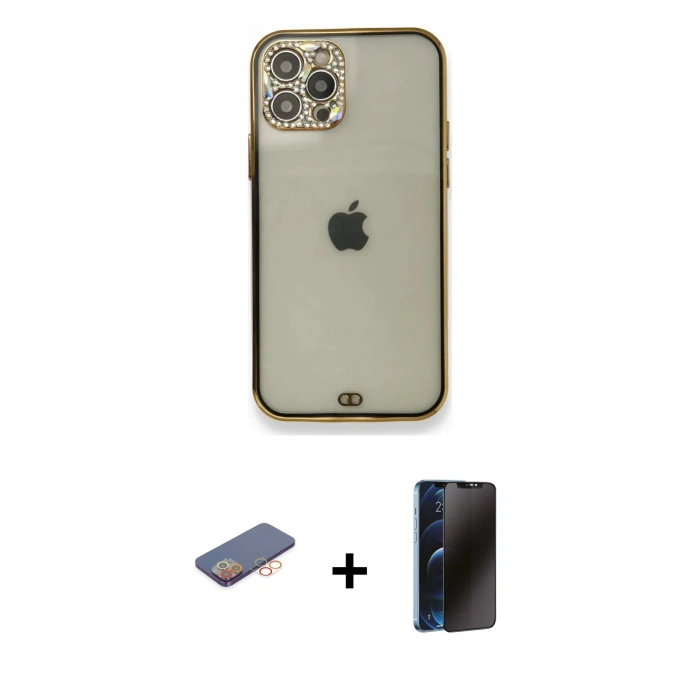 MARSİLYAN™- iPhone 12 Pro Kılıf Eksen Minimal Koleksiyonu - Siyah 3D Antistatik Hayalet Cam Ekran Koruyucu + Renkli Kamera Lens Koruma Cam - TU