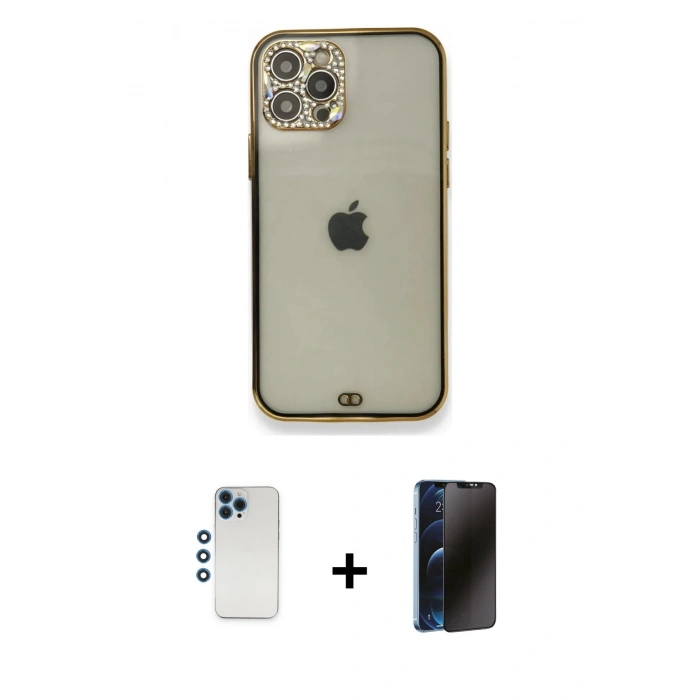 MARSİLYAN™- iPhone 12 Pro Kılıf Eksen Minimal Koleksiyonu - Siyah 3D Antistatik Hayalet Cam Ekran Koruyucu + Shine Kamera Lens - MI