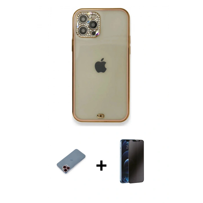 MARSİLYAN™- iPhone 12 Pro Kılıf Eksen Minimal Koleksiyonu - Siyah 3D Antistatik Hayalet Cam Ekran Koruyucu + Metal Kamera Lens Koruma Cam - KI