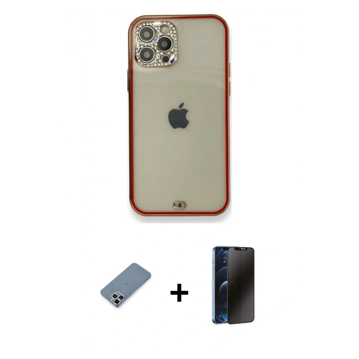MARSİLYAN™- iPhone 12 Pro Kılıf Eksen Minimal Koleksiyonu - Siyah 3D Antistatik Hayalet Cam Ekran Koruyucu + Metal Kamera Lens Koruma Cam - GS