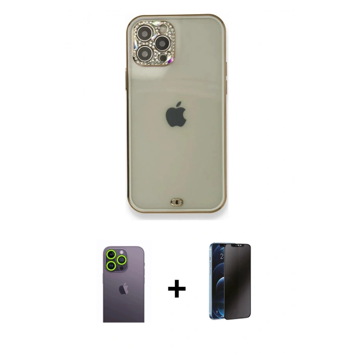 MARSİLYAN™- iPhone 12 Pro Kılıf Eksen Minimal Koleksiyonu - Siyah 3D Antistatik Hayalet Cam Ekran Koruyucu + Neon Fosforlu Kamera Lens - YL
