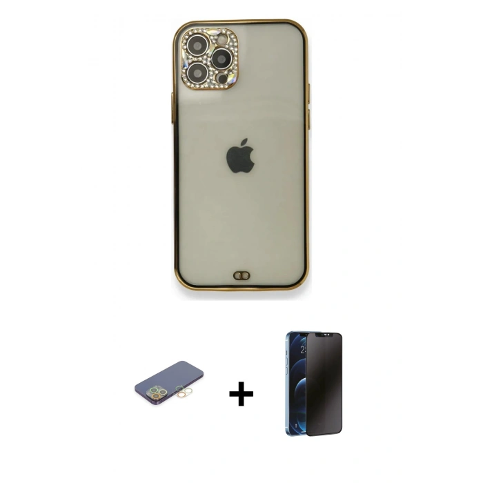 MARSİLYAN™- iPhone 12 Pro Kılıf Eksen Minimal Koleksiyonu - Siyah 3D Antistatik Hayalet Cam Ekran Koruyucu + Renkli Kamera Lens Koruma Cam - SI