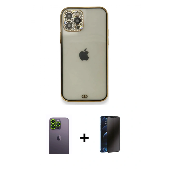 MARSİLYAN™- iPhone 12 Pro Kılıf Eksen Minimal Koleksiyonu - Siyah 3D Antistatik Hayalet Cam Ekran Koruyucu + Neon Fosforlu Kamera Lens - YL