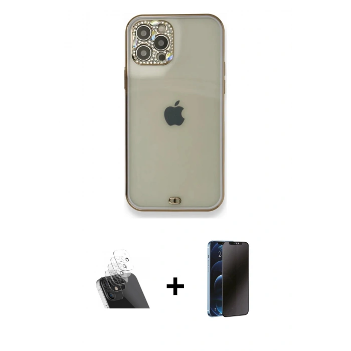 MARSİLYAN™- iPhone 12 Pro Kılıf Eksen Minimal Koleksiyonu - Siyah 3D Antistatik Hayalet Cam Ekran Koruyucu + Şeffaf Kamera Lens Koruma Cam