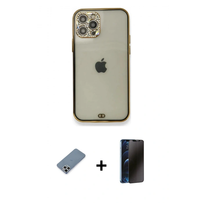 MARSİLYAN™- iPhone 12 Pro Kılıf Eksen Minimal Koleksiyonu - Siyah 3D Antistatik Hayalet Cam Ekran Koruyucu + Metal Kamera Lens Koruma Cam - GS