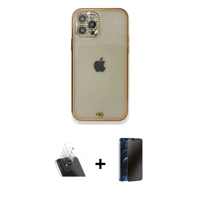 MARSİLYAN™- iPhone 12 Pro Kılıf Eksen Minimal Koleksiyonu - Siyah 3D Antistatik Hayalet Cam Ekran Koruyucu + Kamera Lens Koruma Cam - SF