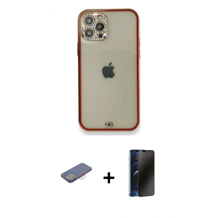 MARSİLYAN™- iPhone 12 Pro Kılıf Eksen Minimal Koleksiyonu - Siyah 3D Antistatik Hayalet Cam Ekran Koruyucu + Renkli Kamera Lens Koruma Cam - PE