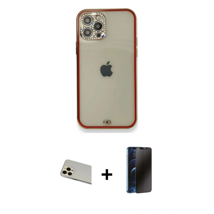 MARSİLYAN™- iPhone 12 Pro Kılıf Eksen Minimal Koleksiyonu - Siyah 3D Antistatik Hayalet Cam Ekran Koruyucu + Rainbow Kamera Lens Koruma Cam - GD