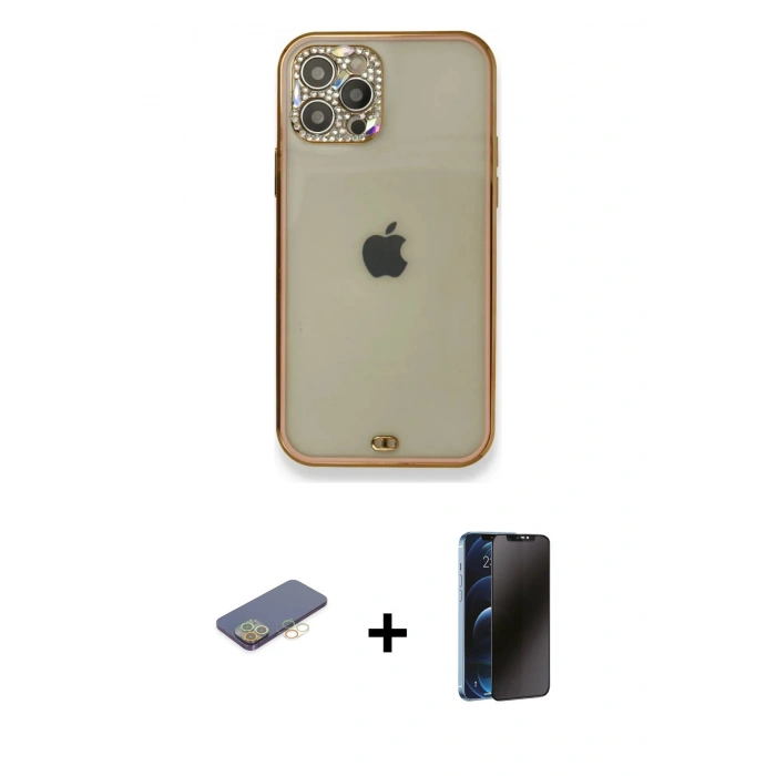 MARSİLYAN™- iPhone 12 Pro Kılıf Eksen Minimal Koleksiyonu - Siyah 3D Antistatik Hayalet Cam Ekran Koruyucu + Renkli Kamera Lens Koruma Cam - SI
