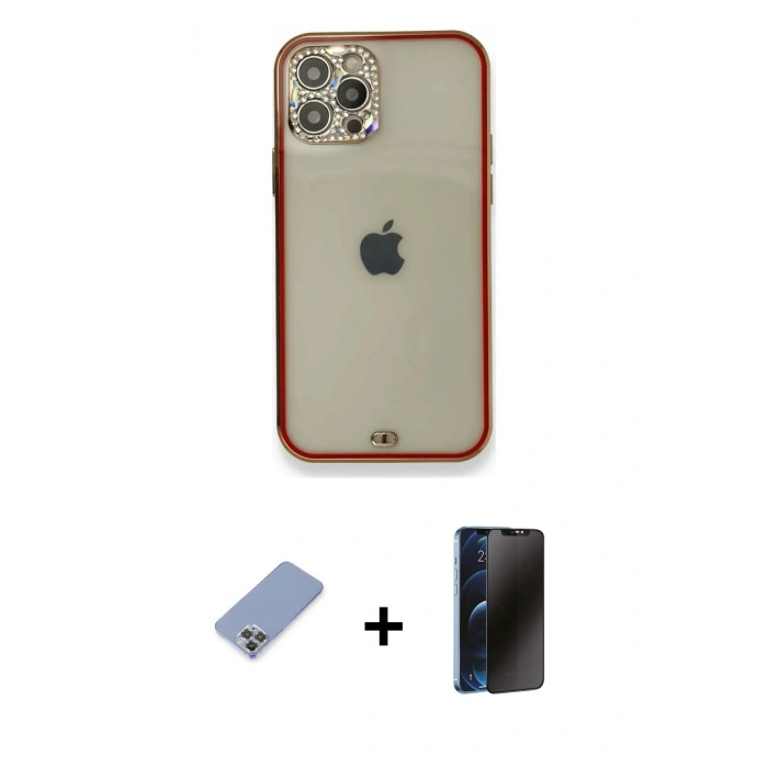 MARSİLYAN™- iPhone 12 Pro Kılıf Eksen Minimal Koleksiyonu - Siyah 3D Antistatik Hayalet Cam Ekran Koruyucu + Metal Kamera Lens Koruma Cam - KUYL