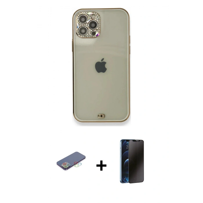 MARSİLYAN™- iPhone 12 Pro Kılıf Eksen Minimal Koleksiyonu - Siyah 3D Antistatik Hayalet Cam Ekran Koruyucu + Renkli Kamera Lens Koruma Cam - MI