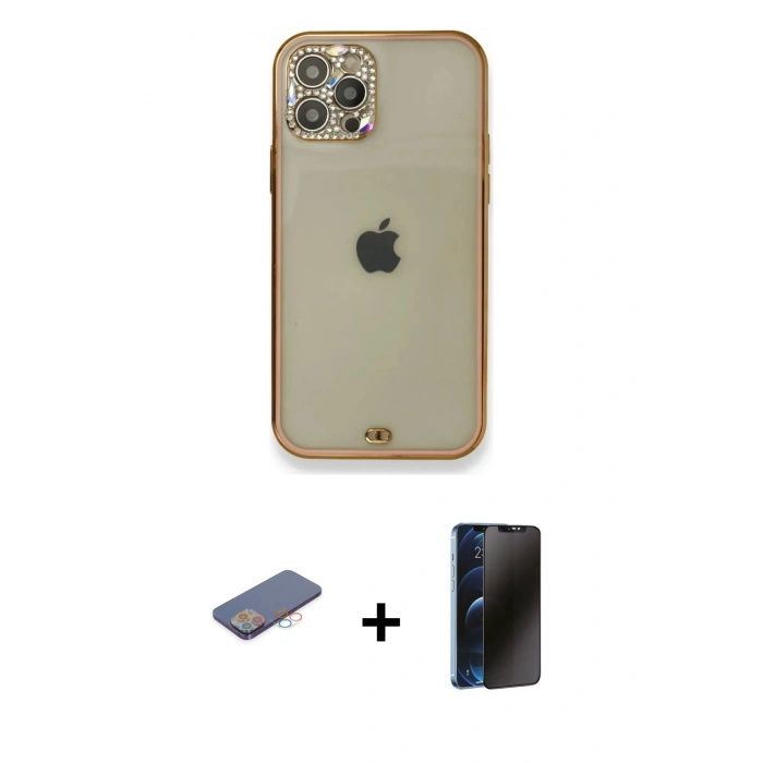 MARSİLYAN™- iPhone 12 Pro Kılıf Eksen Minimal Koleksiyonu - Siyah 3D Antistatik Hayalet Cam Ekran Koruyucu + Renkli Kamera Lens Koruma Cam - PE