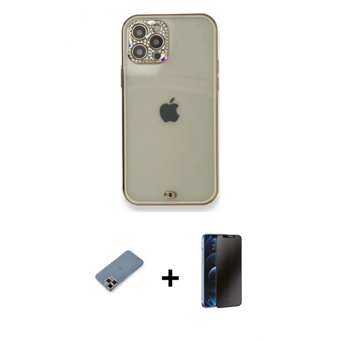 MARSİLYAN™- iPhone 12 Pro Kılıf Eksen Minimal Koleksiyonu - Siyah 3D Antistatik Hayalet Cam Ekran Koruyucu + Metal Kamera Lens Koruma Cam - MR